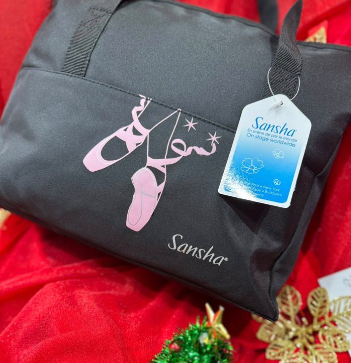 Borsa tote nera con scarpette da ballo rosa e logo