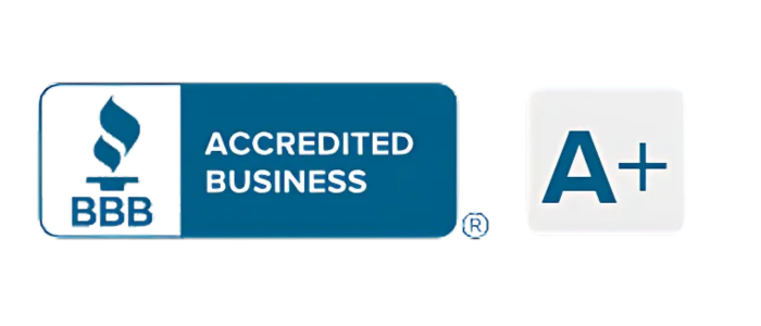 A blue and white badge that says accredited business a+
