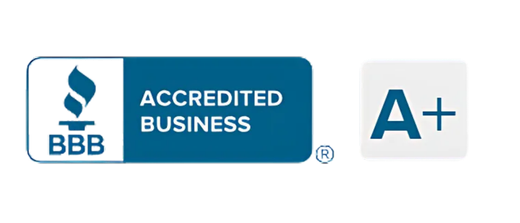 A blue and white badge that says accredited business a+
