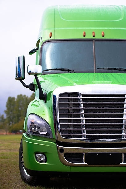 Green semi-truck front view, silver grill, side mirror, parked on grass.
