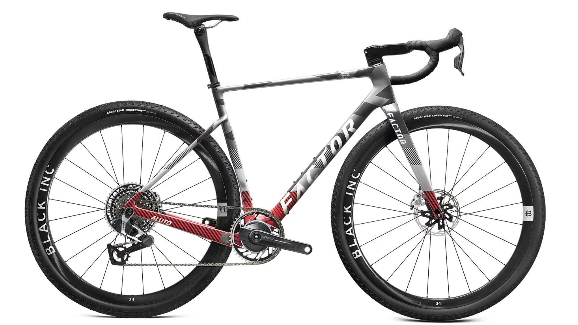 Gray and red Factor gravel bike with black wheels and tires.