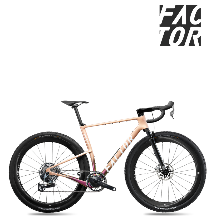 Rose-gold road bike with black wheels and drop handlebars on a white background
