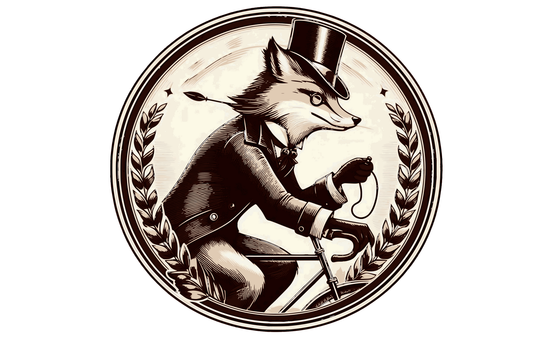 A fox in a top hat and suit, holding a cane and pocket watch, inside a circle with a wheat wreath.
