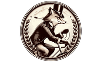 A fox in a top hat and suit, holding a cane and pocket watch, inside a circle with a wheat wreath.