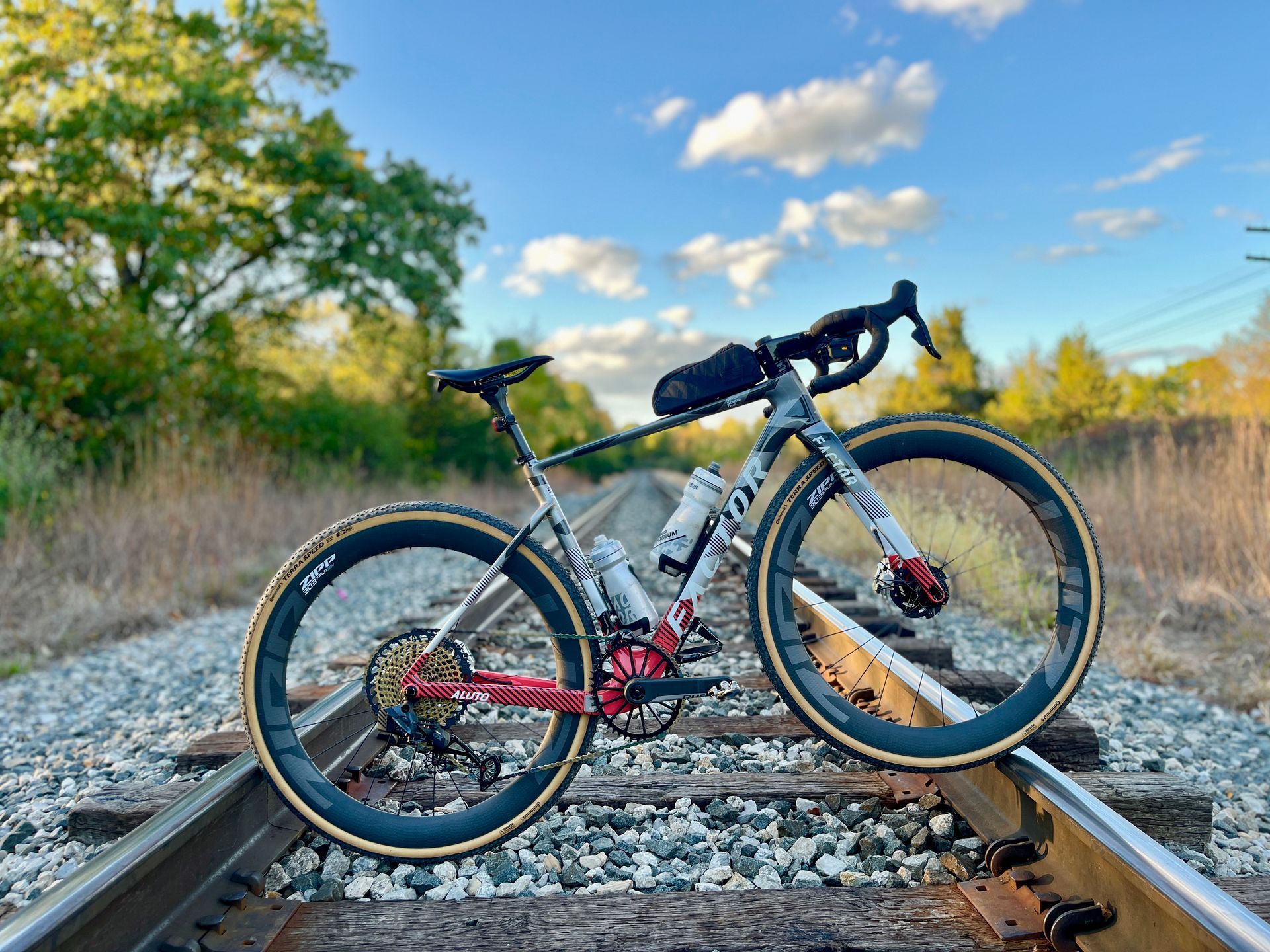 Gravel bicycle on railroad tracks with a blue sky background.