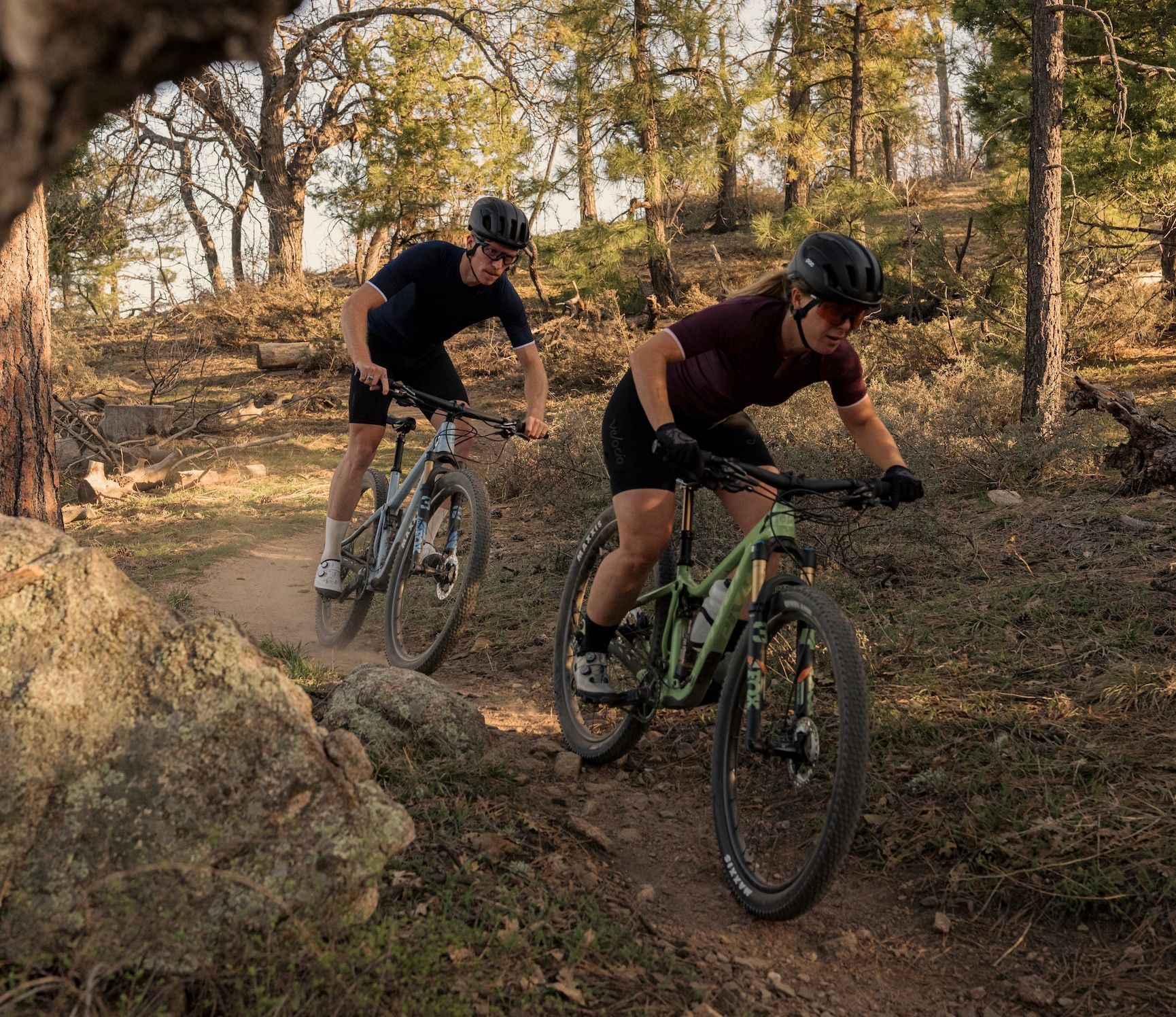 Two cyclists on mountain bikes ride on a dirt trail in a forest.