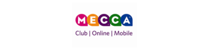 MECCA logo with colorful letters on a white background. Text under reads, "Club | Online | Mobile".