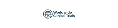 Logo for Worldwide Clinical Trials, featuring a globe with a medical symbol and text.