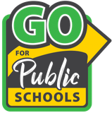 A green and yellow logo for go for public schools.