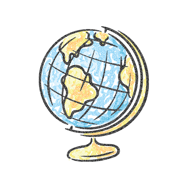 A drawing of a globe on a stand on a white background.