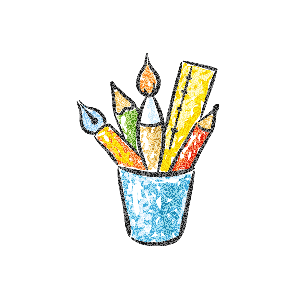 A drawing of a cup filled with pencils , brushes , and a ruler.