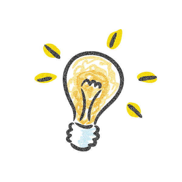A drawing of a light bulb with yellow rays coming out of it.