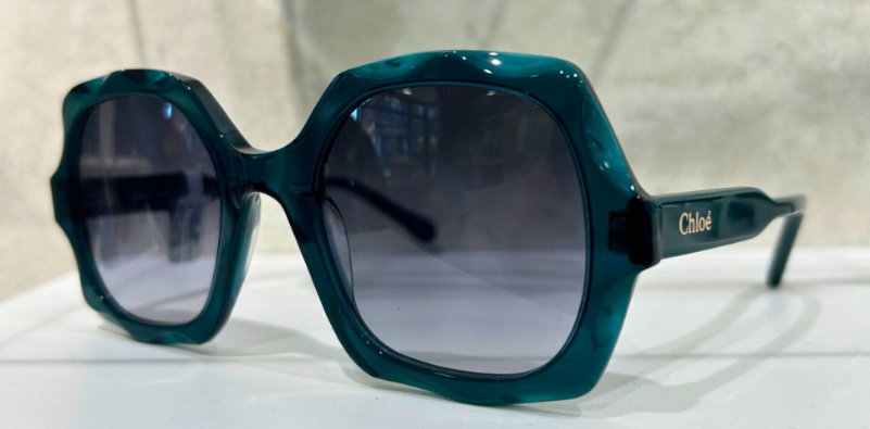 A pair of blue, oversized Chloe sunglasses from Harrold Opticians