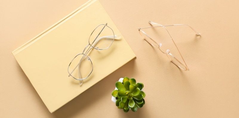Stylish eyeglasses with book and houseplant on beige background