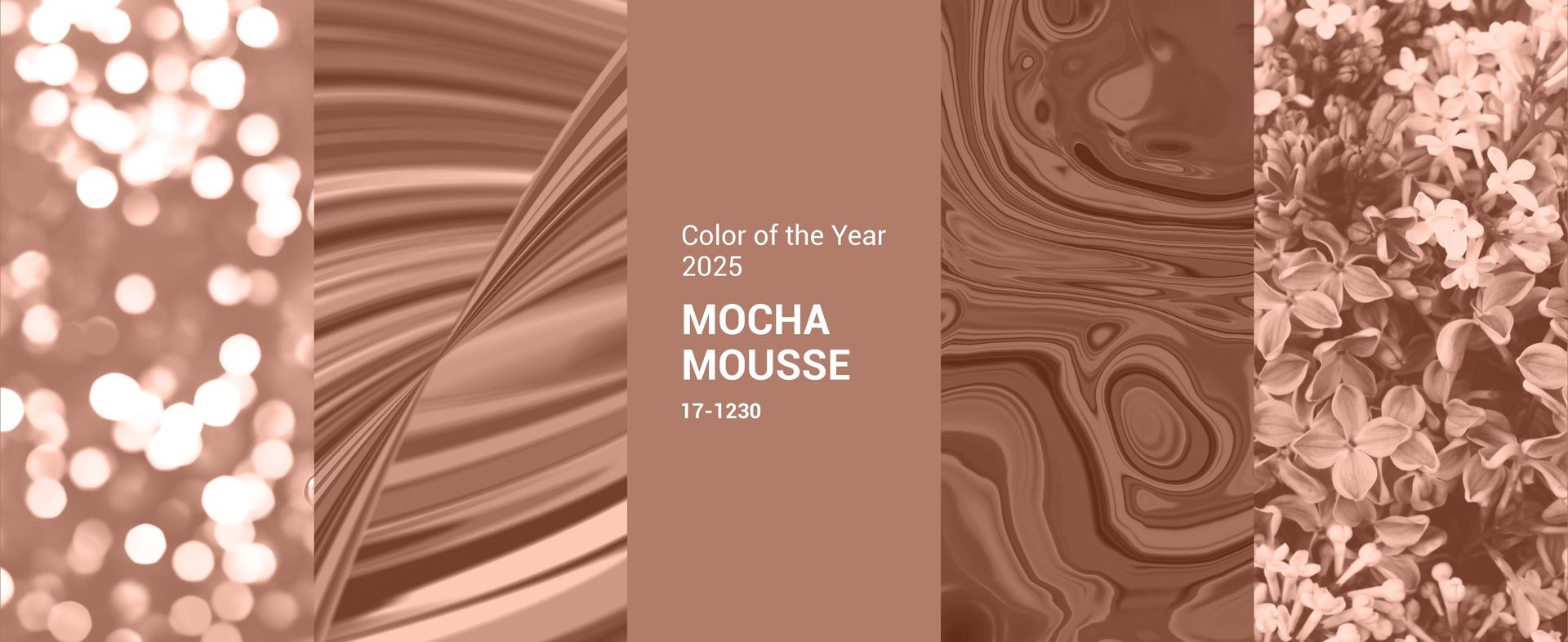 Different texture examples in Mocha Mousse with the text ‘Colour of the Year 2025 Mocha Mousse 17-12