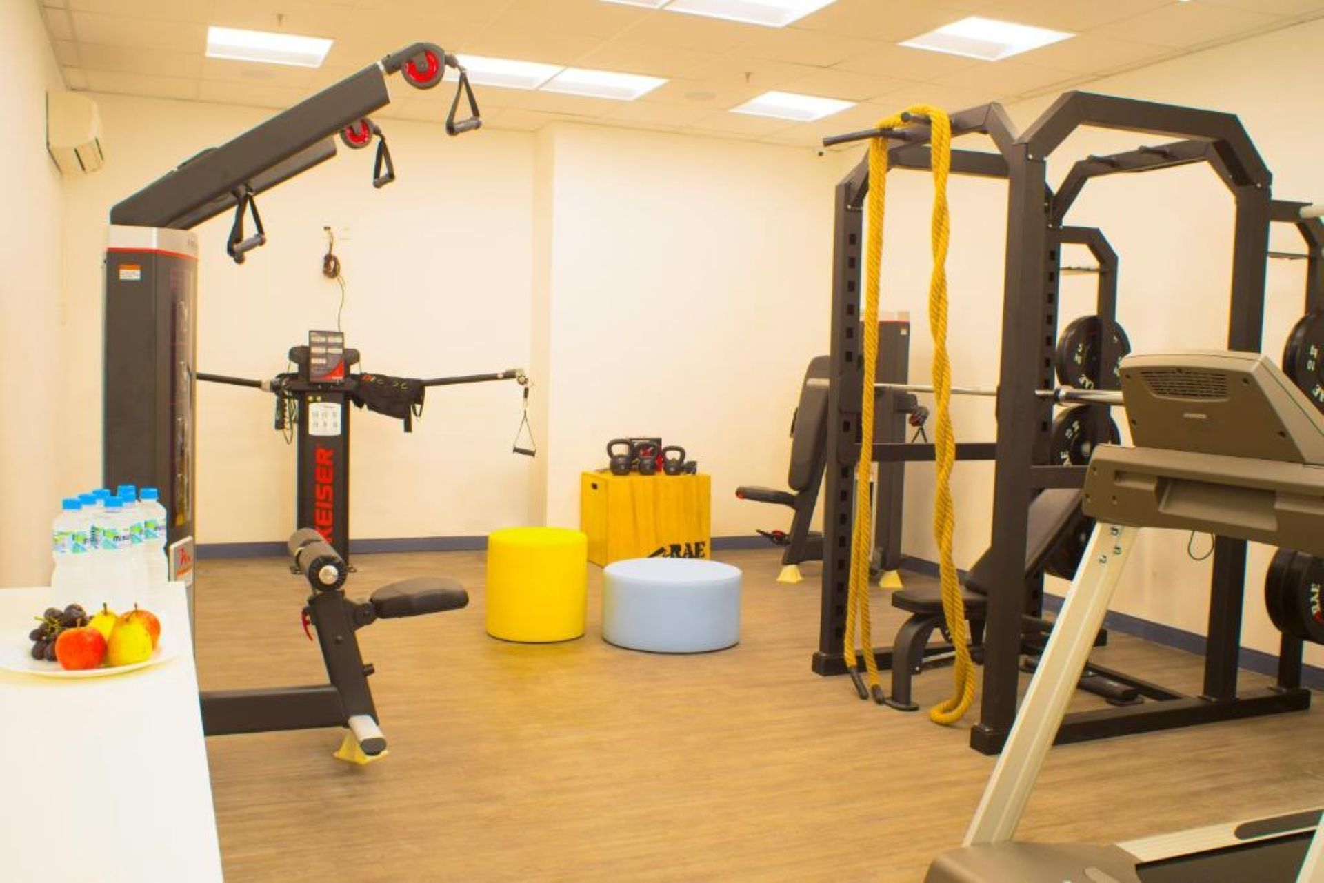 Interior de ginásio com equipamentos de treino: máquina de cabos, suporte para agachamento, pesos e esteira.