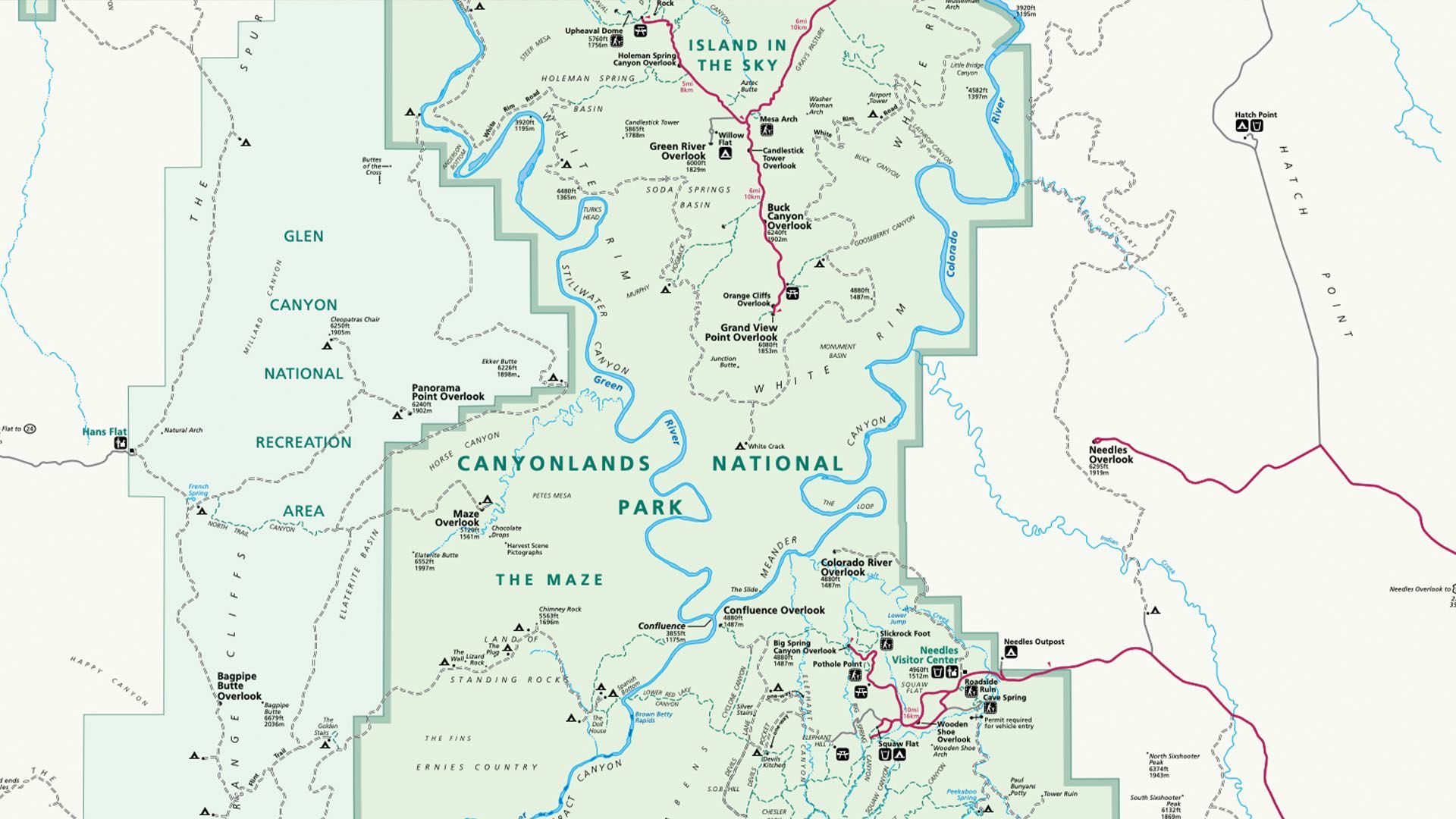 Map of Canyonlands National Park showing boundaries and information.