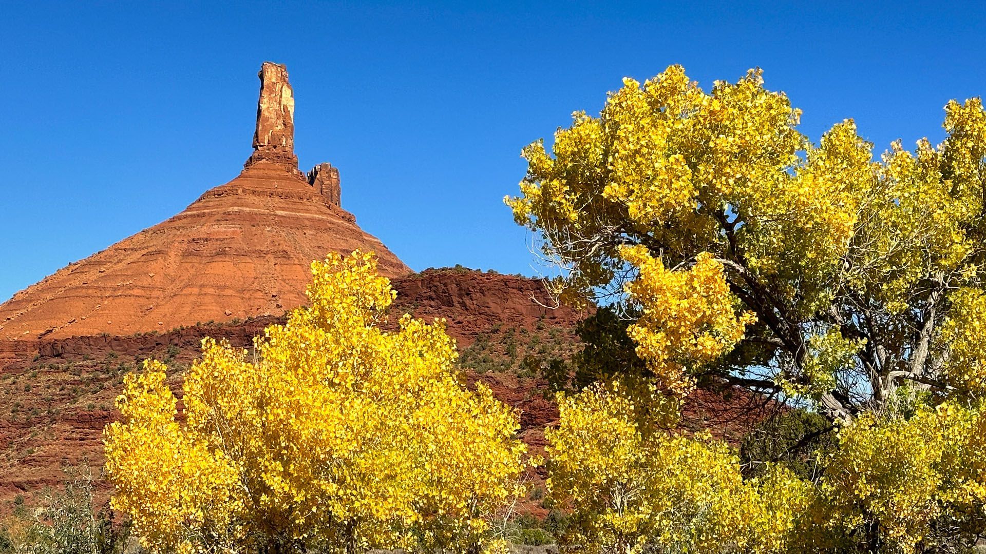 Red rock formation with yellow autumn trees under a blue sky.