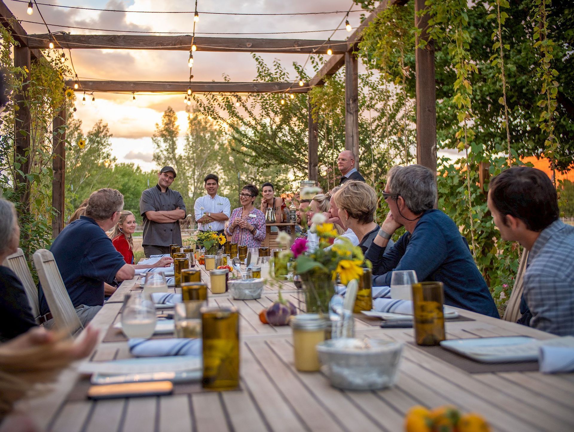 A corporate group sits at a dining table outdoors, surrounded by greenery with the sun setting.