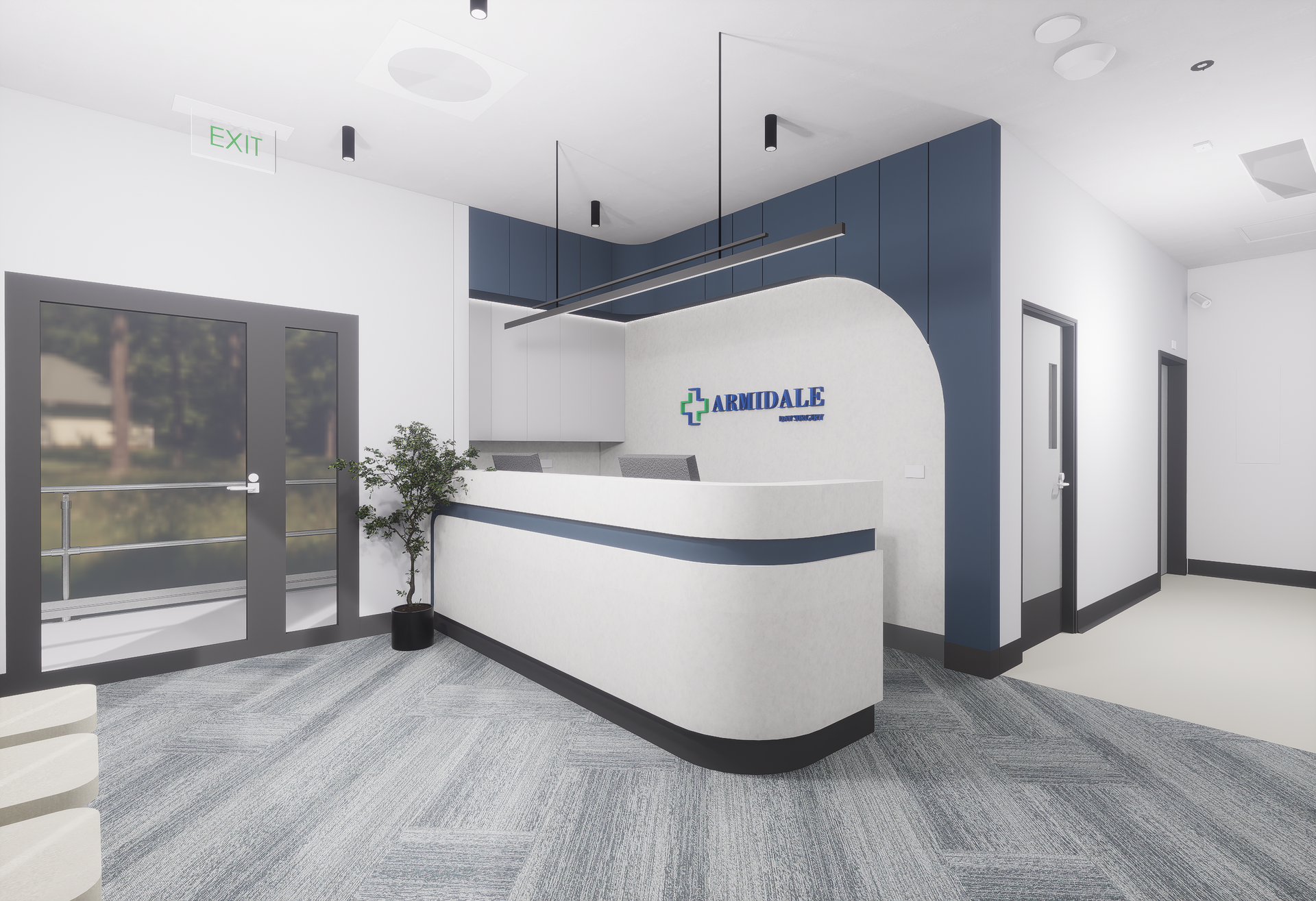 An artist 's impression of a medical office with a reception desk.