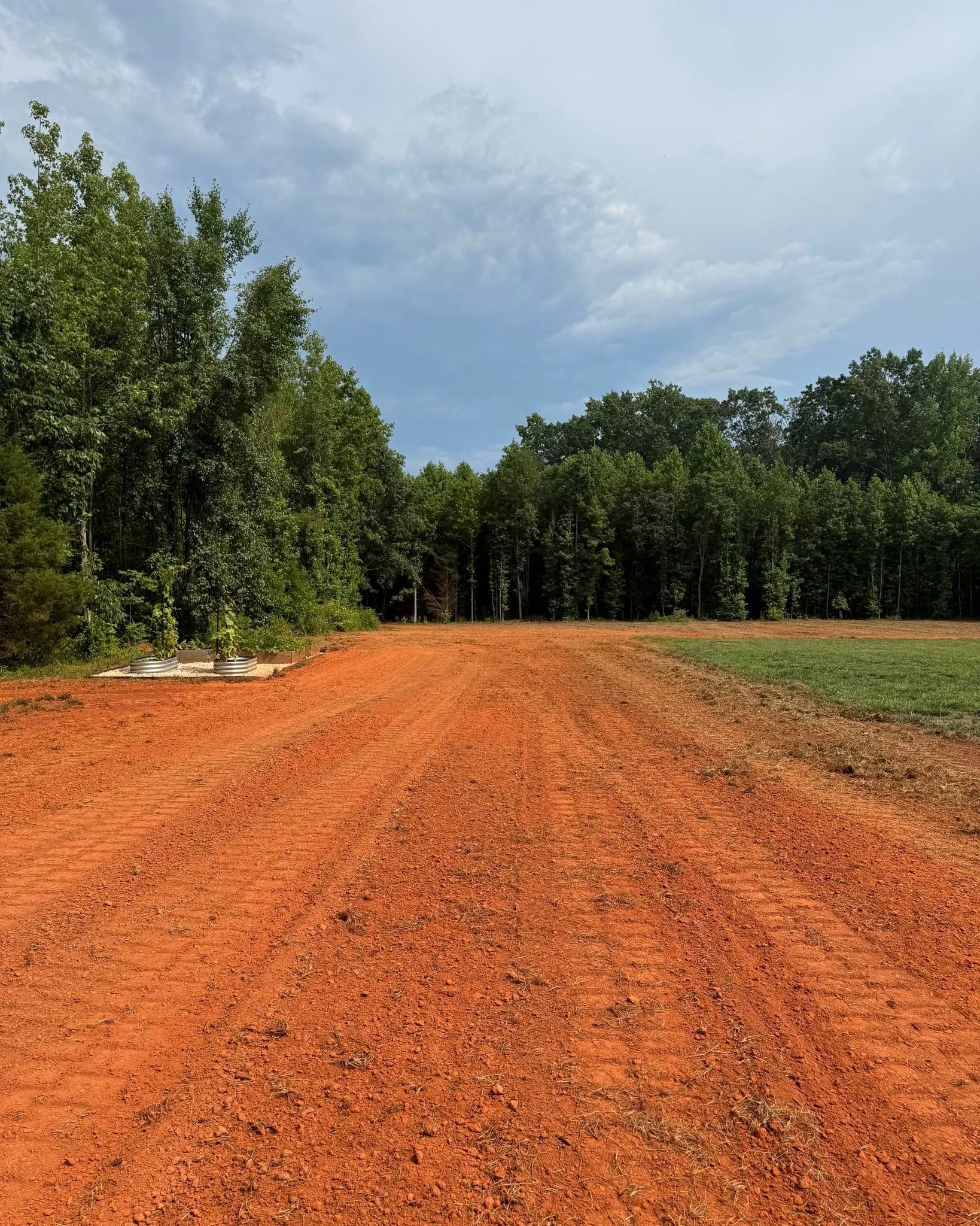 Red dirt road through a green forest under a cloudy sky