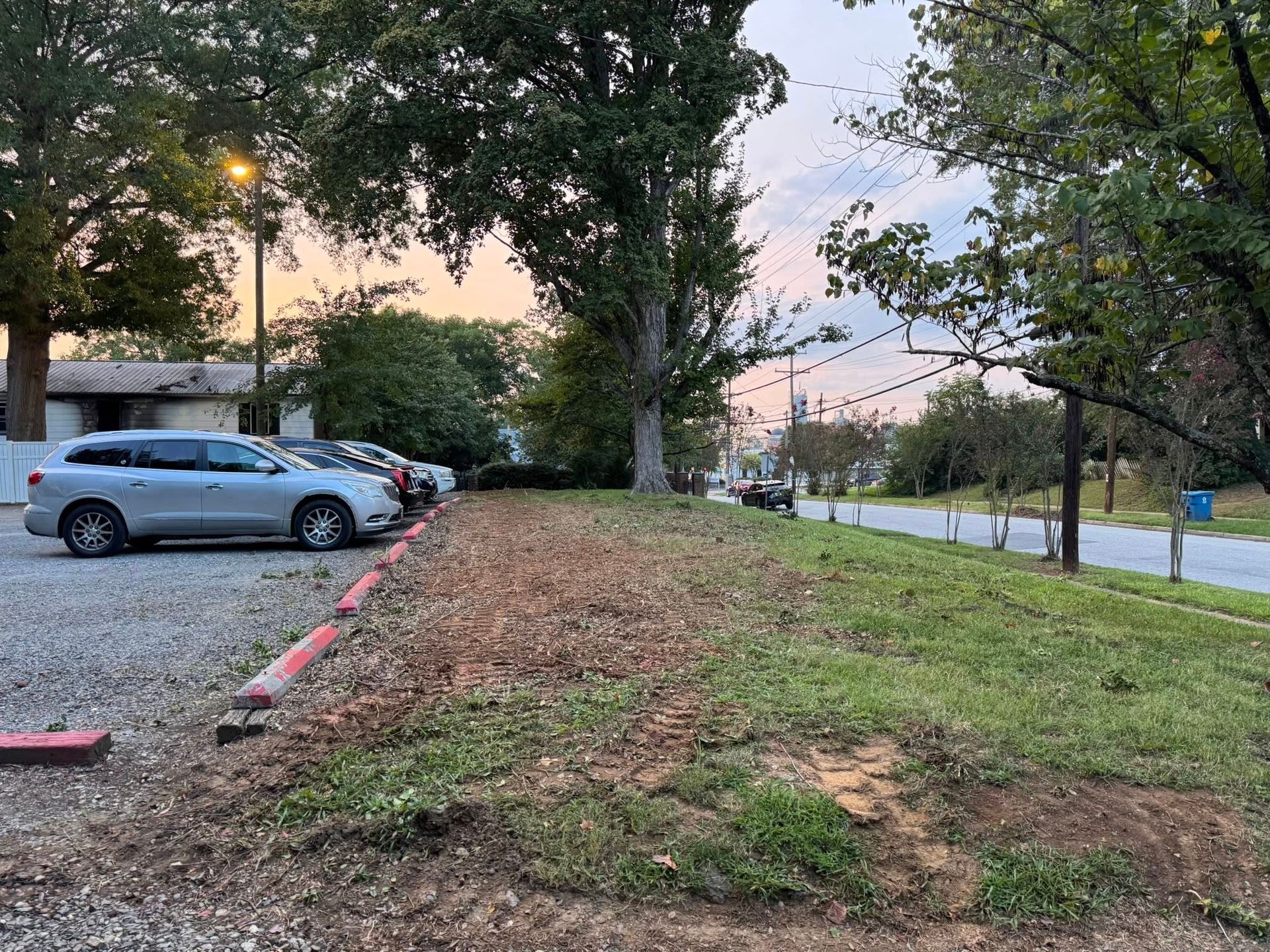 Parking lot beside a tree-lined road at dusk, with parked cars and a grassy dirt embankment.