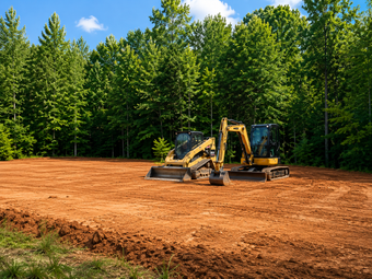 Yellow skid steer on a dirt path near a wooded area, working beside a red clay clearing.