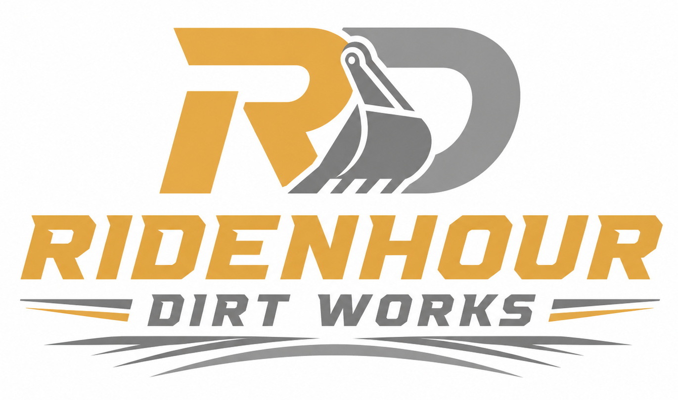 Ridenhour Dirt Works logo with orange and gray stylized R and D, dirt track accents