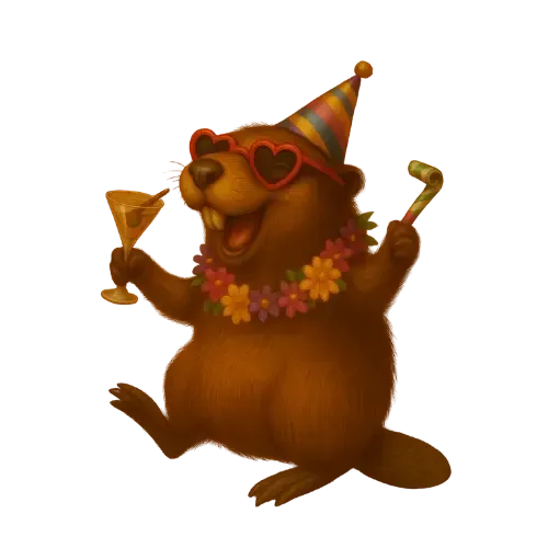 Brown bear wearing heart sunglasses and party hat, dancing with cocktail and cane, smiling