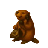 Brown beaver holding a rotary phone handset and dangling the phone base