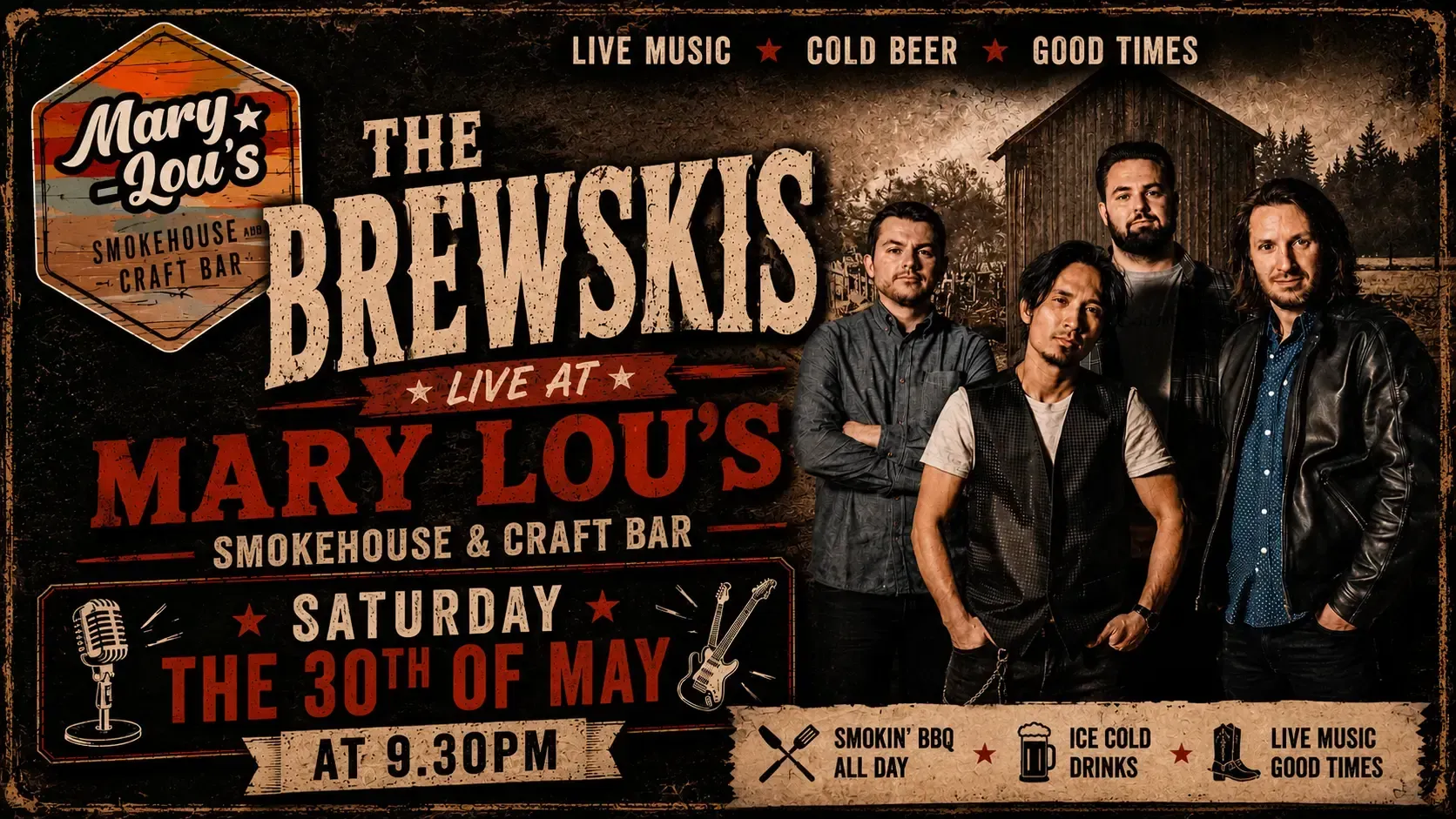 The Brewskis live at Mary Lous, Saturday May 30, with band photo and vintage pub-style flyer design.