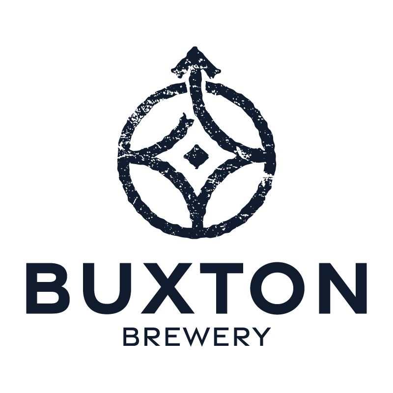 Buxton Brewery logo in dark blue with circular emblem and bold wordmark on white background
