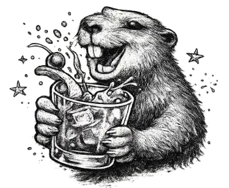 Black-and-white drawing of a bear happily sipping a drink from a glass with ice and splashes.