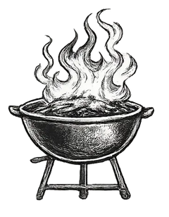 Black-and-white illustration of a beaver eating nachos beside a steaming dip bowl