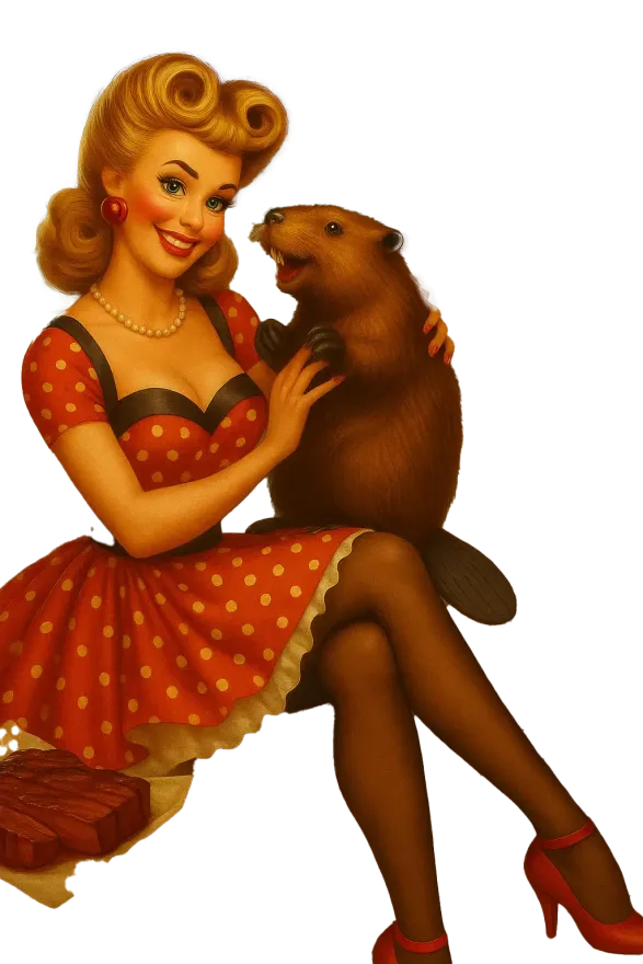 Pin-up style woman in a red polka-dot dress smiling with a brown bear on her lap