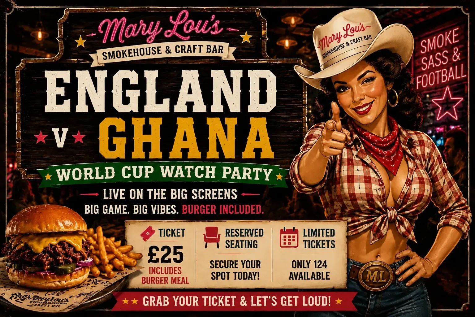 England vs Ghana World Cup watch party poster with cowboy-themed woman, bar food, and event details