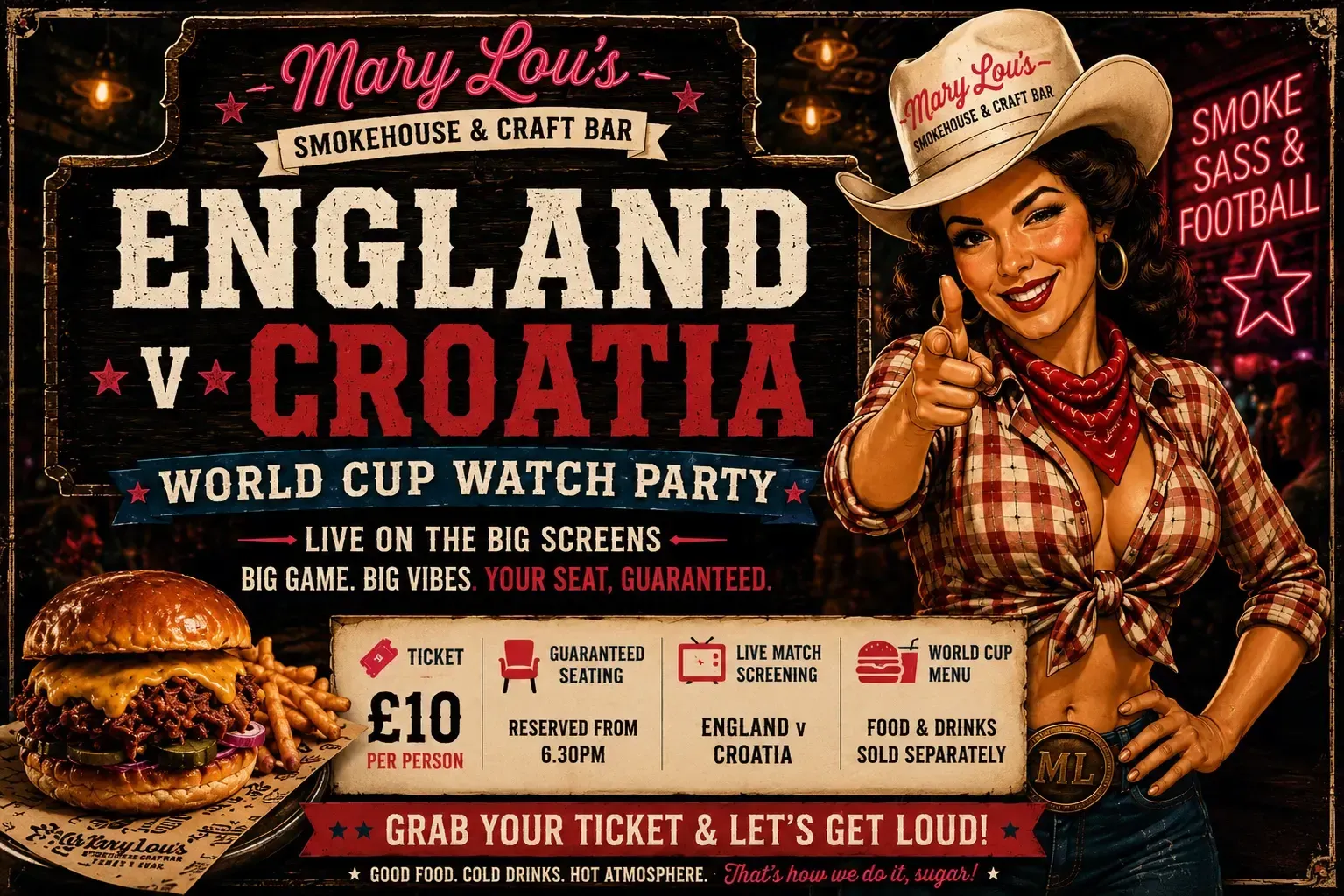 England vs Croatia World Cup party poster with a smiling woman in a cowboy hat and burgers on a dark, festive background
