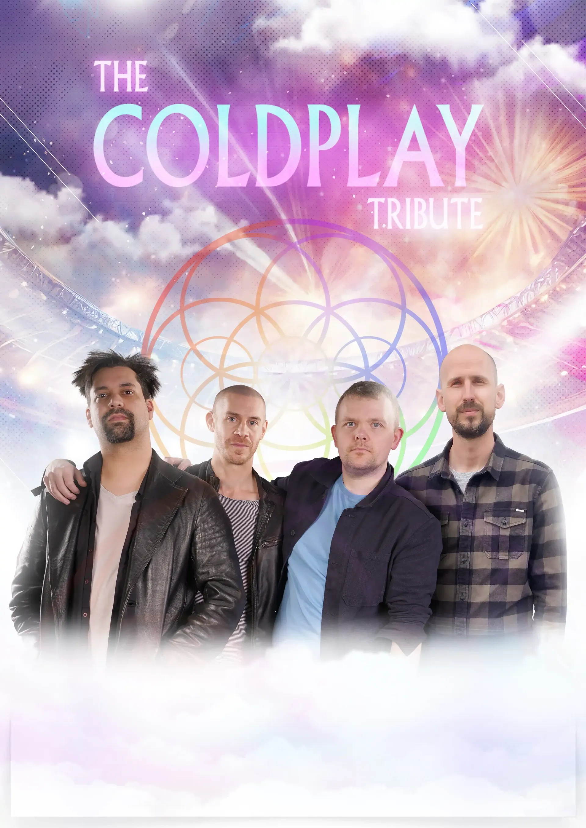 The Coldplay Tribute poster with four band members against a cloudy pink-purple background