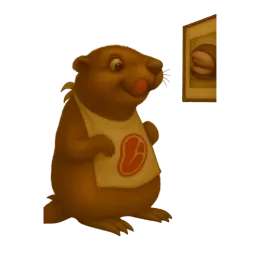 Brown cartoon beaver holding a steak, looking at a framed picture on the wall