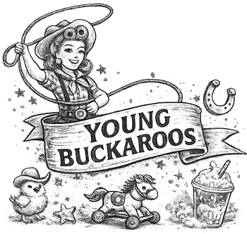 Vintage black-and-white cowboy illustration with “YOUNG BUCKAROOS” banner and rodeo motifs