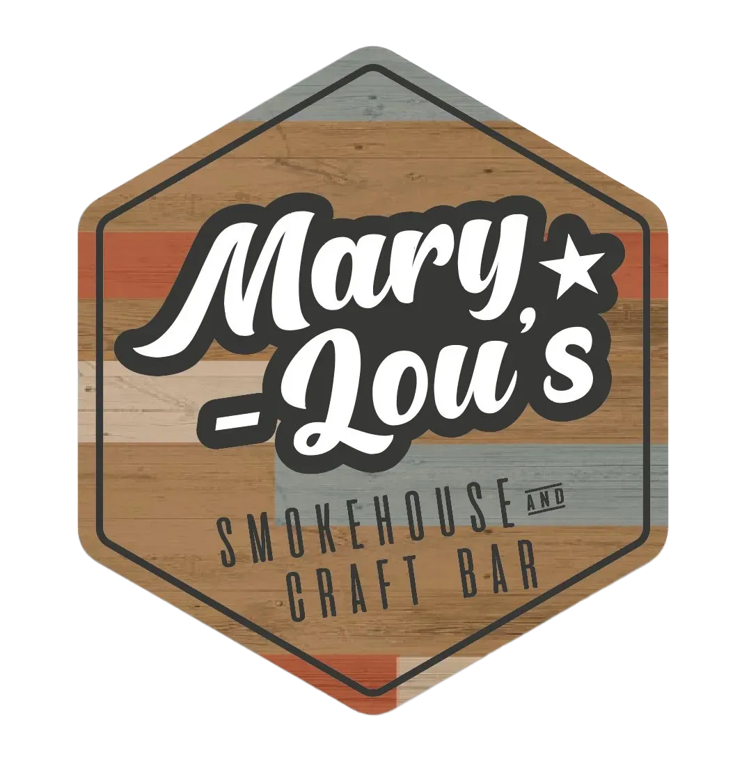 Logo for Mary Lou's Smokehouse & Craft Bar, featuring white text on a rustic, multi-colored wooden hexagonal background.