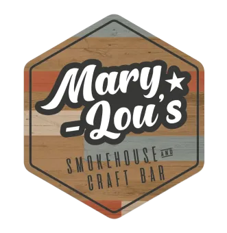 Logo for Mary Lou's Smokehouse & Craft Bar, featuring white text on a rustic, multi-colored wooden hexagonal background.