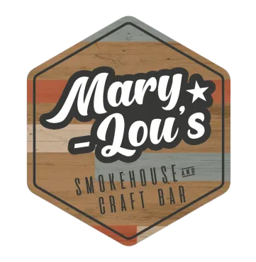 Logo for Mary Lou's Smokehouse & Craft Bar, featuring white text on a rustic, multi-colored wooden hexagonal background.