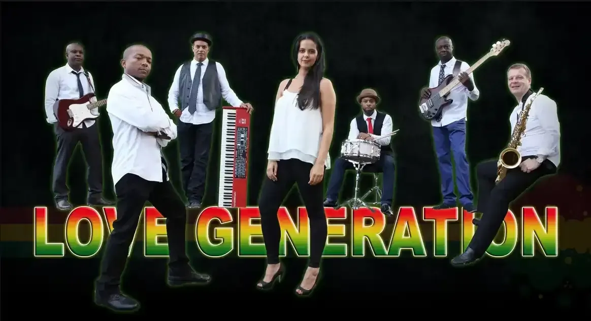 Band lineup on black background with large neon text “LOVE GENERATION” across the bottom