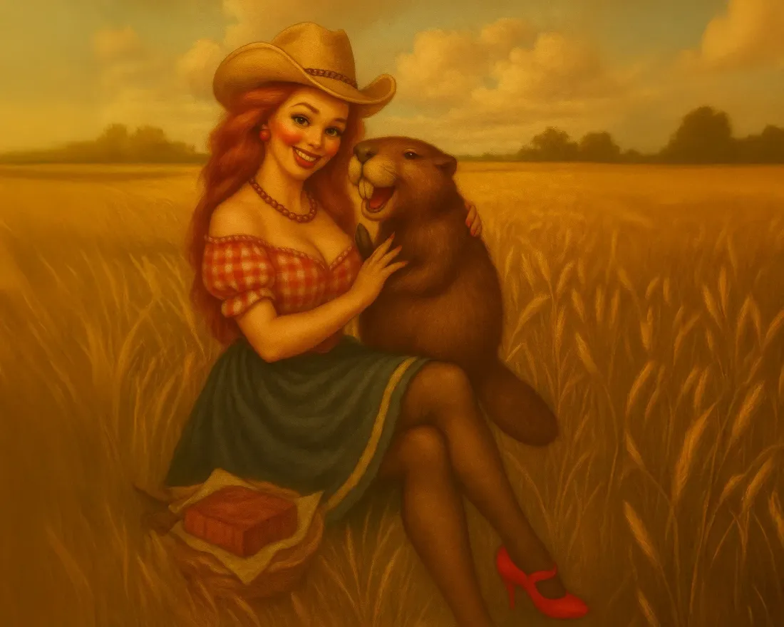 Woman in a straw hat smiles while holding a bear in a golden field, with a book beside her.
