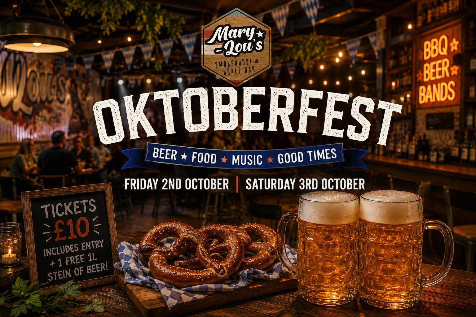 Oktoberfest poster with beer mugs, pretzels, BBQ and live music at a rustic beer garden