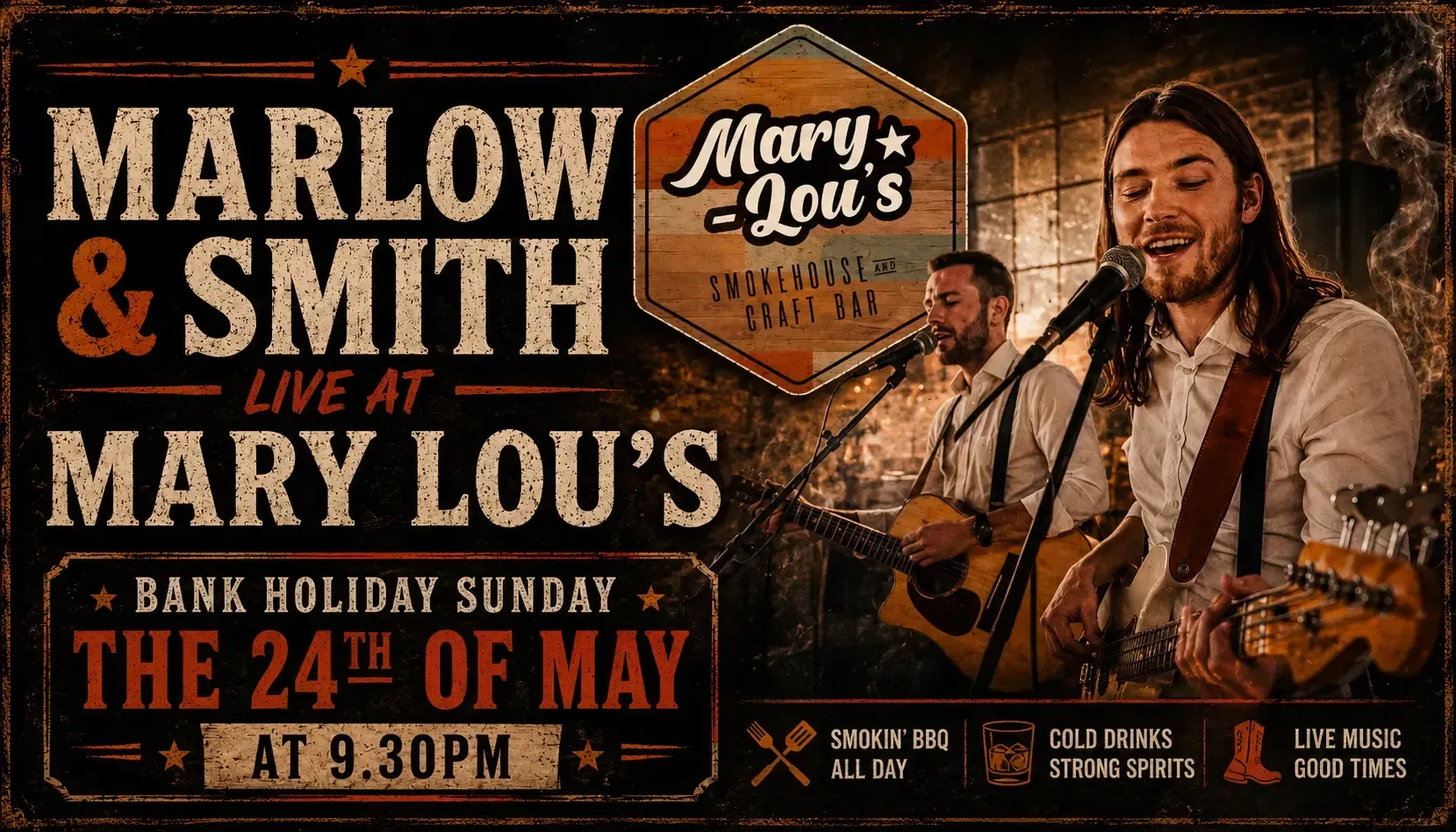 Marlow & Smith live at Mary Lou’s, May 24 at 9:30 PM, with a singer and guitarist on stage.