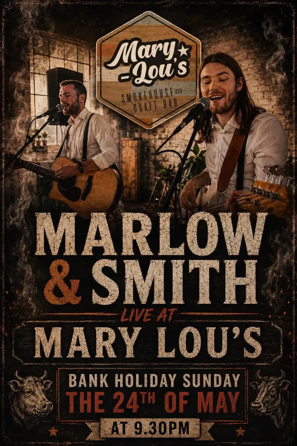 Nashville Night country rock concert poster at Mary Lou’s, Saturday 23rd of May, 9:30pm.