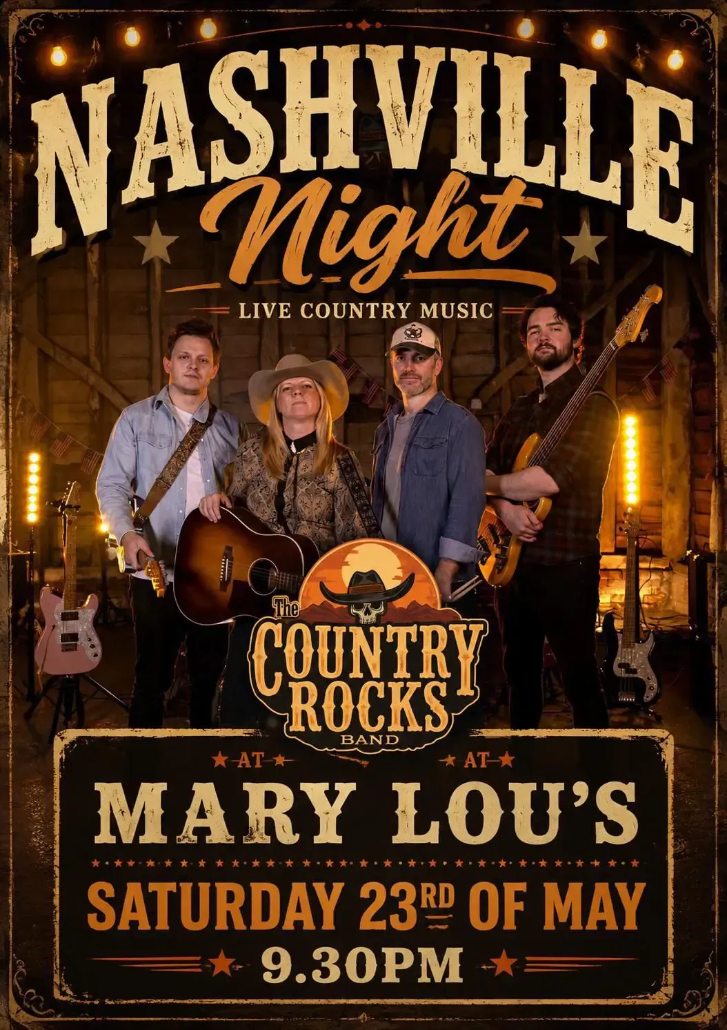 Nashville Night country rock concert poster at Mary Lou’s, Saturday 23rd of May, 9:30pm.