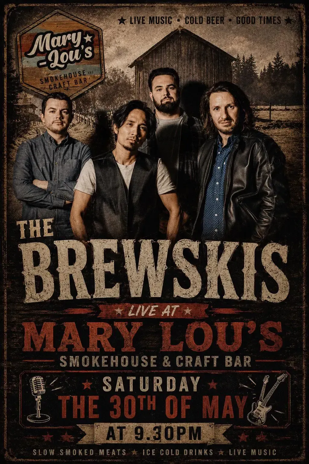 The Brewskis live at Mary Lou’s bar, Saturday May 30th at 9:30pm, with four band members pictured.